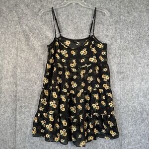 Y2K Forever 21 Black Chiffon Sunflower Ruffle Babydoll Tank Top Size Small Sheer